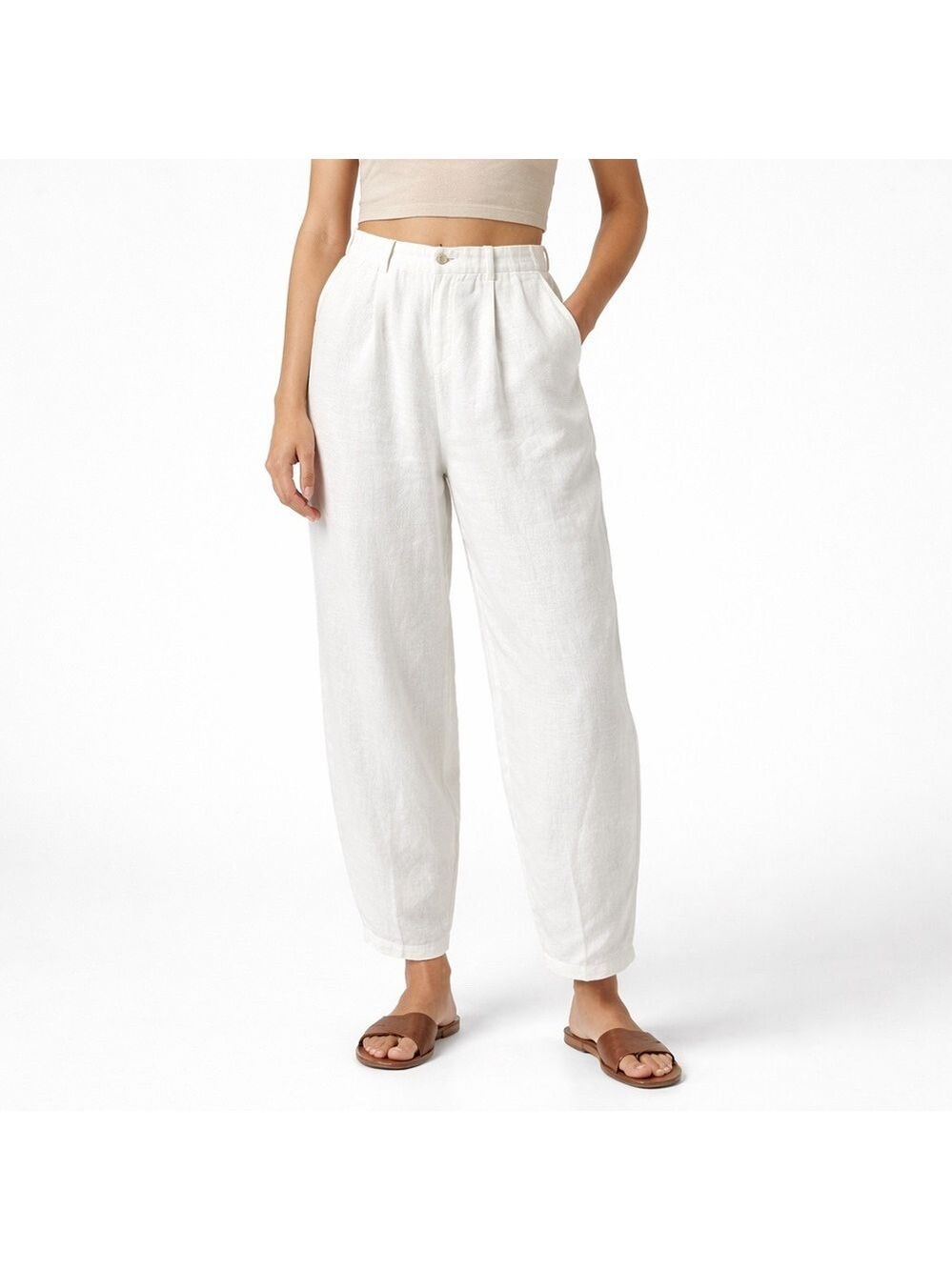CONTEMPORAINE x SIMONS 100% Linen White Barrel Pants w/ Pockets Sz 6